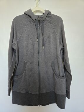 ATHLETA 'CYA STRONGER' HOODED JACKET ZIPPER FRONT FLEECE LINING GRAY SZ XL